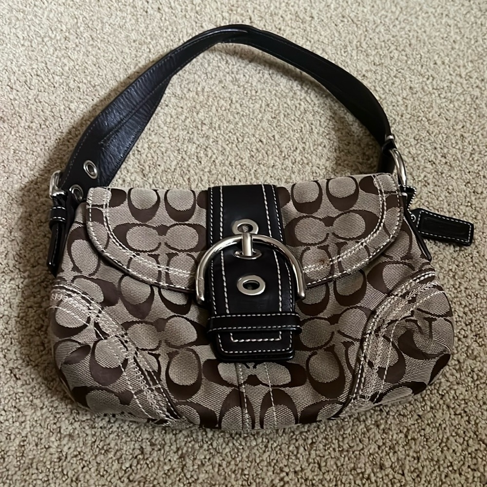 Coach classic signature C brown with brown leather shoulder bag EUC